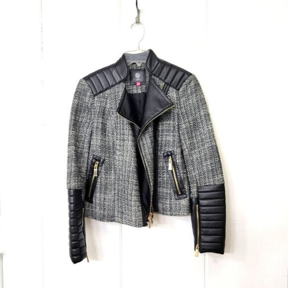 Vince Camuto Tweed and Faux Leather Moto Jacket - Picture 2 of 4